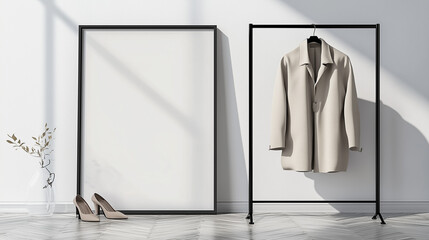Poster - Modern minimalist interior with black metal clothing rack holding beige coat and trousers, large blank black-framed canvas leaning against white wall, herringbone wood floor, sunlight shadows, and bei