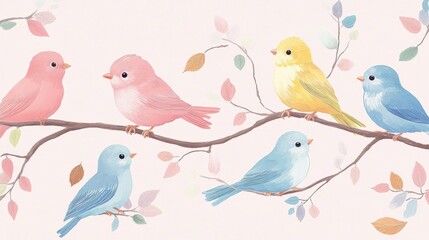 Naklejka na meble Cute animal wallpaper with pastel-colored birds perched on delicate branches