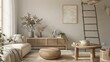 © Yaiza Canvas - Beige Modern Chic Living Room with Rattan Pouf, Wooden Commodes, and Elegant Touches
