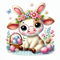 Wall Mural - cute cow sitting with a wicker basket filled with colorful easter eggs, surrounded by blooming flowers and butterflies, looking directly at the camera, concept easter decorations