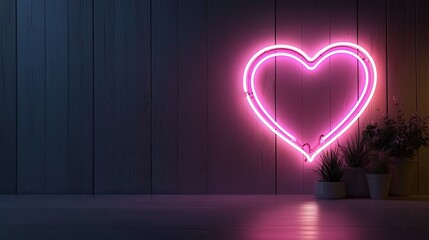 Poster - Glowing Neon Heart Shaped Light Illuminating Dark Background with Decorative Plants in a Cozy Space