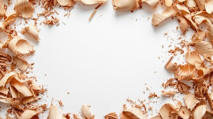 Poster - Natural Wood Shavings Create a Rustic Frame on a Clean White Background, Ideal for Craft Projects or Artistic Displays in Workshops and Studios