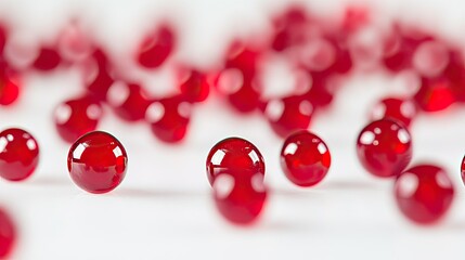 Poster - Glimmering Red Glass Marbles Artfully Scattered on White Background Highlighting Reflections and Shadows for Creative Design and Artistic Photography