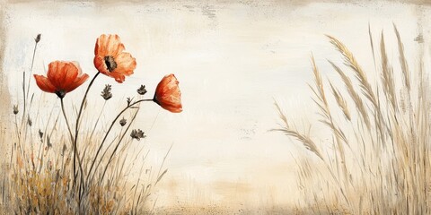 Wall Mural - A tranquil scene featuring delicate orange poppy flowers amidst soft grasses against a muted background, evoking a sense of calm and natural beauty.