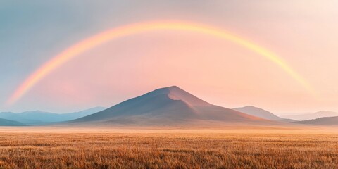 Sticker - A serene landscape featuring a colorful rainbow arching over a gentle mountain, bathed in soft pastel hues.