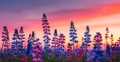 Sticker - Vibrant lupine flowers stand tall against a stunning sunset, creating a picturesque scene of nature's beauty with colorful hues.