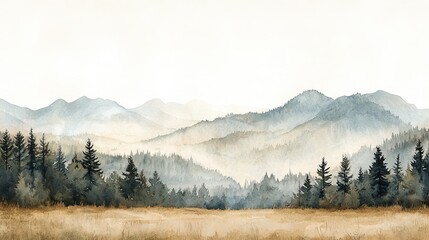 Wall Mural - A serene landscape featuring misty mountains and a grassy foreground, surrounded by tall pine trees under a light sky.