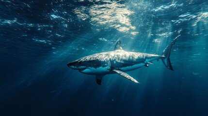 Poster - Beneath the shimmering surface, a majestic Great White Shark glides effortlessly through crystal-clear waters, illuminated by soft beams of sunlight filtering down from above