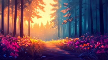 Canvas Print - A vibrant forest scene at sunset, with colorful flowers lining a path, illuminated by warm golden light and surrounded by tall trees.