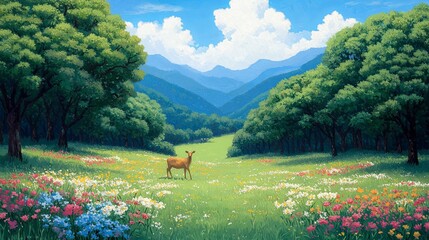 Sticker - A serene landscape with a deer in a vibrant meadow, surrounded by colorful flowers, lush trees, and majestic mountains under a bright blue sky.