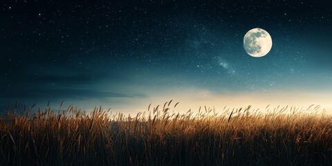 Wall Mural - a serene night landscape featuring a glowing full moon above a field of golden grasses under a starr