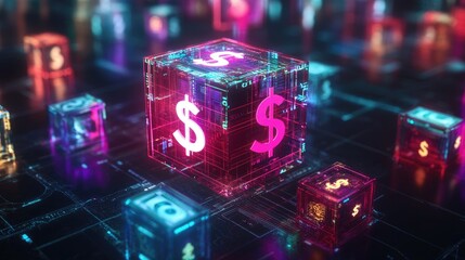 Poster - 3D cube pedestal with floating currency symbols like the dollar, euro, and yen, showcasing global finance and digital currency