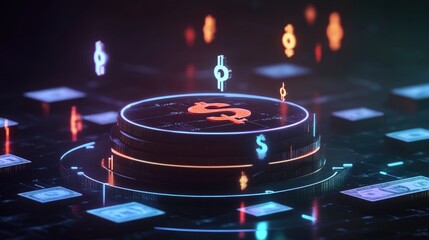 Poster - 3D digital pedestal displaying currency symbols in a modern, high-tech design, representing financial technology and global markets