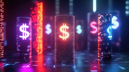 Poster - 3D digital pedestal displaying currency symbols in a modern, high-tech design, representing financial technology and global markets
