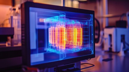 Poster - A 3D holographic model of an efficient energy storage system displayed on a digital screen in a research laboratory, emphasizing cutting-edge technology and scientific innovation
