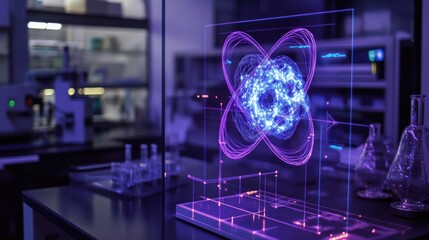 Poster - A 3D holographic model of an efficient energy storage system displayed on a digital screen in a research laboratory, emphasizing cutting-edge technology and scientific innovation