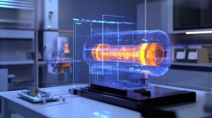 Poster - A 3D holographic model of an efficient energy storage system displayed on a digital screen in a research laboratory, emphasizing cutting-edge technology and scientific innovation