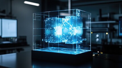 Poster - A 3D holographic model of an efficient energy storage system displayed on a digital screen in a research laboratory, emphasizing cutting-edge technology and scientific innovation