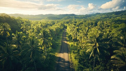 Poster - A bird's-eye view of an asphalt road winding through a dense green forest, capturing the serene beauty of tropical rainforest landscapes, ideal for travel or environmental themes