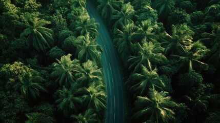 Poster - A bird's-eye view of an asphalt road winding through a dense green forest, capturing the serene beauty of tropical rainforest landscapes, ideal for travel or environmental themes
