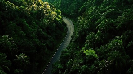 Poster - A bird's-eye view of an asphalt road winding through a dense green forest, capturing the serene beauty of tropical rainforest landscapes, ideal for travel or environmental themes