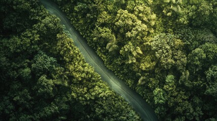 Poster - A bird's-eye view of an asphalt road winding through a dense green forest, capturing the serene beauty of tropical rainforest landscapes, ideal for travel or environmental themes