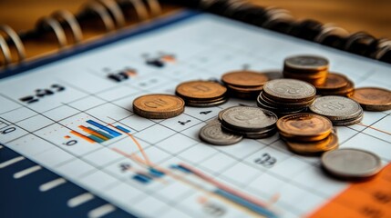 Poster - A calendar with financial graphs and piles of coins showing growth, symbolizing New Year goals for budgeting, saving, and financial progress