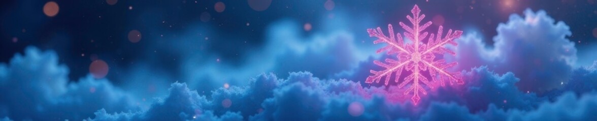 Wall Mural - Pink and blue glowing snowflake amidst smoke and misty haze, misty, blue glow, cloudy