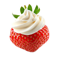 Poster - A ripe strawberry is adorned with a generous dollop of fluffy whipped cream against a black backdrop.