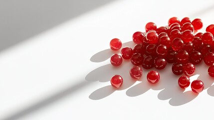Poster - A Vibrant Display of Glossy Red Globes Casting Shadows on a Bright Surface, Perfect for Creative Projects and Visual Content Needs