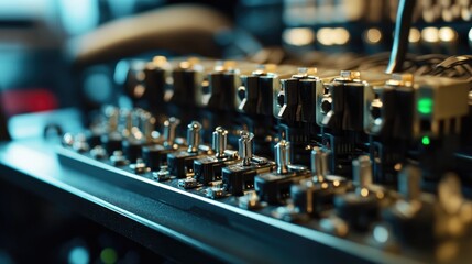 Poster - A collection of fiber optic connectors attached to a control box in a clean, technical setting, symbolizing professional electronics and communication infrastructure