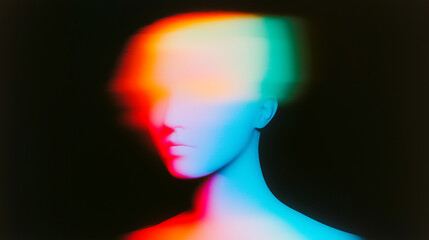 Poster - Abstract surreal human figure blending with soft, diffused colors on a black background. Ethereal depiction of a faceless figure rendered in teal, blue, pink, and orange tones. Dreamy and otherworldly