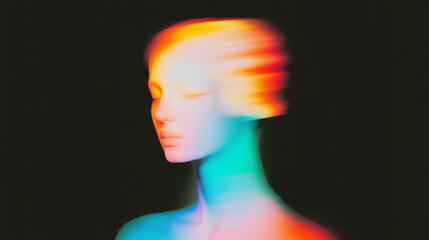 Poster - Abstract surreal human figure blending with soft, diffused colors on a black background. Ethereal depiction of a faceless figure rendered in teal, blue, pink, and orange tones. Dreamy and otherworldly