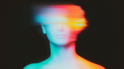 Poster - Abstract surreal human figure blending with soft, diffused colors on a black background. Ethereal depiction of a faceless figure rendered in teal, blue, pink, and orange tones. Dreamy and otherworldly