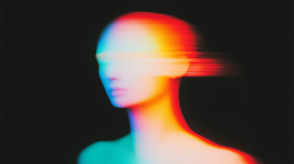 Poster - Abstract surreal human figure blending with soft, diffused colors on a black background. Ethereal depiction of a faceless figure rendered in teal, blue, pink, and orange tones. Dreamy and otherworldly