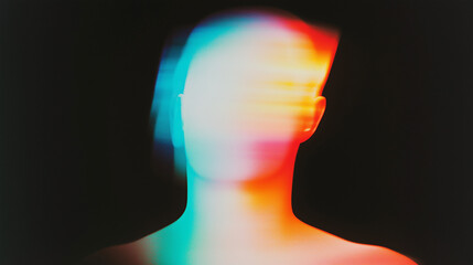Poster - Abstract surreal human figure blending with soft, diffused colors on a black background. Ethereal depiction of a faceless figure rendered in teal, blue, pink, and orange tones. Dreamy and otherworldly