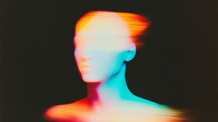 Poster - Abstract surreal human figure blending with soft, diffused colors on a black background. Ethereal depiction of a faceless figure rendered in teal, blue, pink, and orange tones. Dreamy and otherworldly