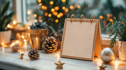 Poster - Christmas winter background with notepad or calendar for new year, holiday decorations and bokeh lights. Generative AI