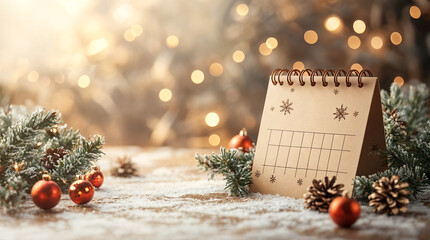 Poster - Christmas winter background with notepad or calendar for new year, holiday decorations and bokeh lights. Generative AI