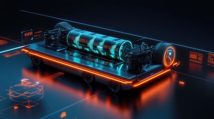 Poster - A cutting-edge electric vehicle with neon-lit battery pack, surrounded by a dynamic holographic display of performance metrics and energy levels