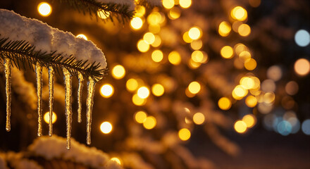 Poster - Christmas winter background with fir branches and bokeh lights. Generative AI