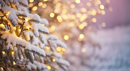Poster - Christmas winter background with fir branches and bokeh lights. Generative AI