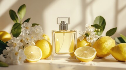 Aufkleber - A fresh composition featuring a clear perfume bottle, whole and sliced lemons, and white flowers, set against a soft neutral background, capturing simplicity and elegance
