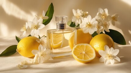 Aufkleber - A fresh composition featuring a clear perfume bottle, whole and sliced lemons, and white flowers, set against a soft neutral background, capturing simplicity and elegance