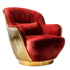 Poster - A luxurious red velvet armchair features a gold metal frame and base, offering a blend of modern and classic design elements.