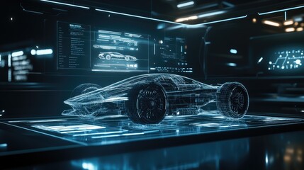 Poster - A futuristic holographic display showing a 3D model of a sport car energy system with advanced components and data streams, symbolizing innovation and efficiency