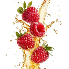 Poster - Four ripe raspberries falling into a splash of golden juice against a black background.