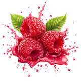 Three ripe raspberries burst with juice creating a vibrant splash against a black background.