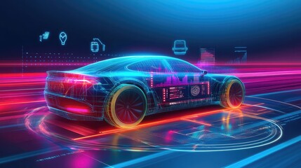 Poster - A high-speed electric car on an illuminated circuit, surrounded by vibrant neon lights and holographic digital displays showing key performance data