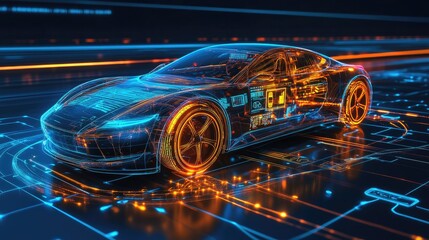 Poster - A high-speed electric car on an illuminated circuit, surrounded by vibrant neon lights and holographic digital displays showing key performance data